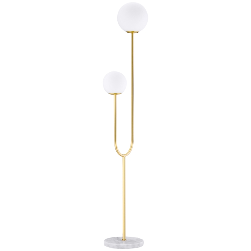 HOMCOM Candeeiro de Pé em Metal Candeeiro de Pé Dourado para Sala com 2 Abajures Globos Brancos em Vidro Fosco 25W 33x25x155,5 cm