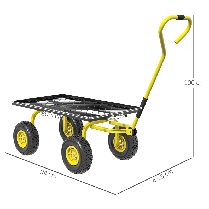Outsunny Carrinho de Transporte Jardim Reboque a Mão Carroça de Quatro Rodas 94x48,5x100 cm Carga Máx. 150 Kg Metal Amarelo