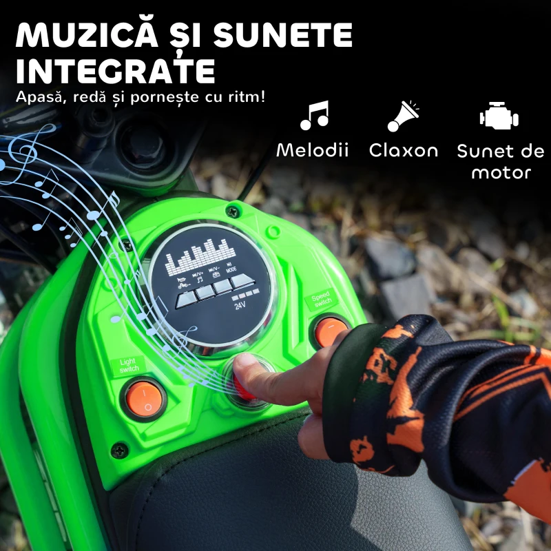 HOMCOM Motocicletă Electrică pentru Copii 8-12 Ani cu Accelerație Manuală și 2 Viteze, 119x64x76,5 cm, Verde