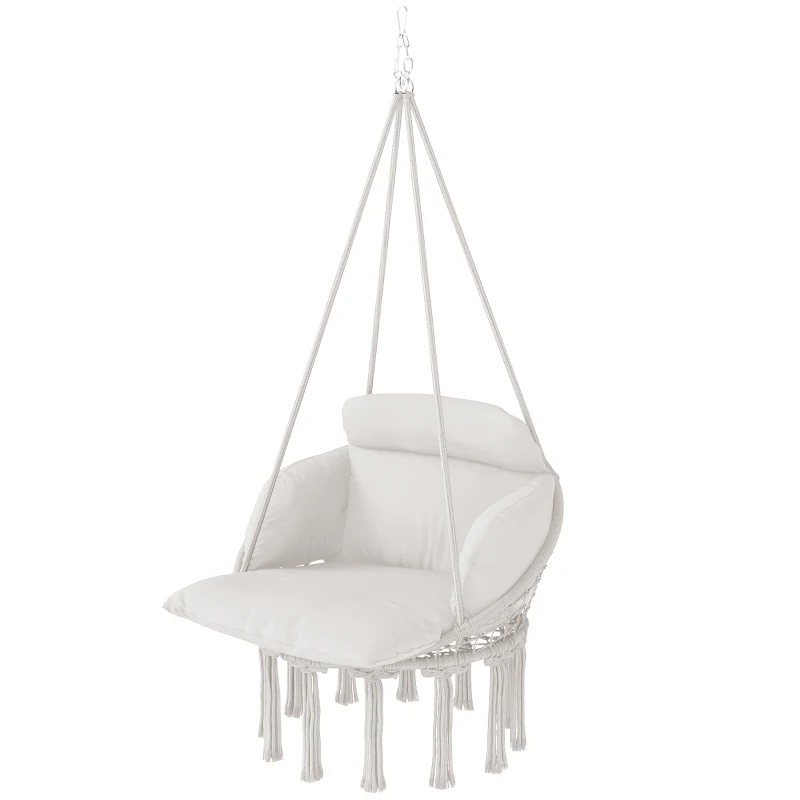 Outsunny Hanging Chair Outdoor Hammock Chair with Soft Cushion, Cotton Rope Boho Style Swing Chair, Hanging Garden Swing Seat for Indoor Outdoor, Cream White