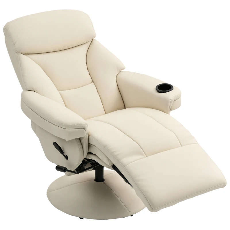 HOMCOM Manual Recliner Chair with Footrest, Upholstered Reclining Armchair with Adjustable Backrest and Cup Holder, PU Leather Swivel Chair for Living Room, Bedroom, Cream White
