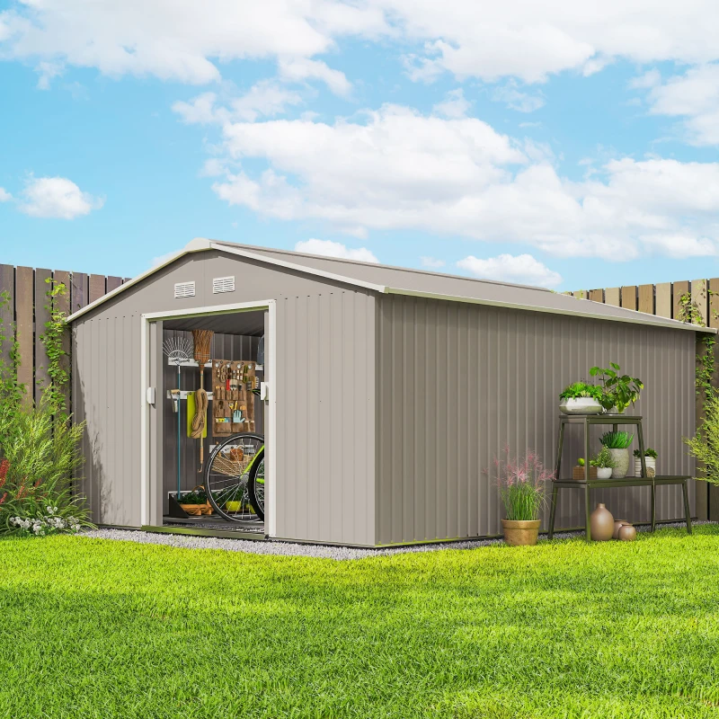 Outsunny Tuinschuur, Weerbestendig Tuinhuis voor Tuingereedschap, met Ventilatieramen, Schuifdeuren, Staal, Lichtgrijs(m-13)