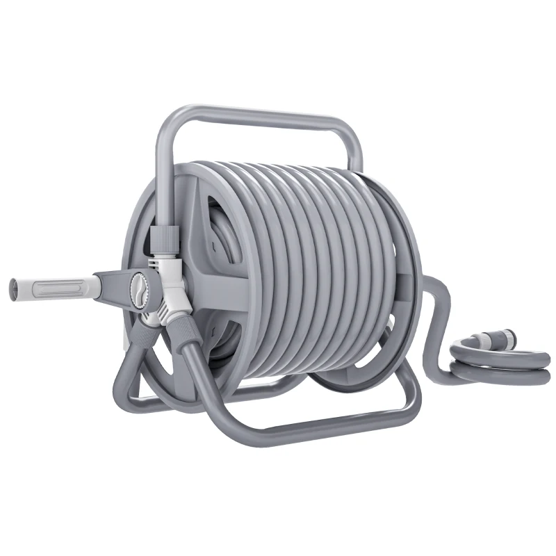 Outsunny Enrolador de Mangueira de Rega 20M+2M Bico de Pulverização Ajustável 2 em 1 para Fixar Na Parede ou Colocar