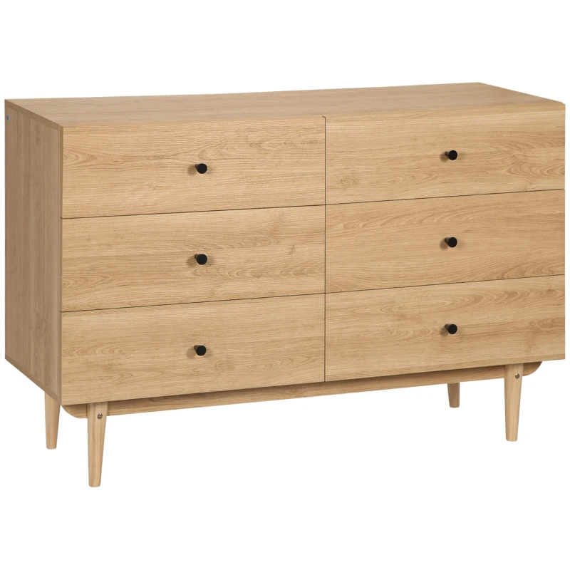 HOMCOM Comodă 6 sertare mobilier de depozitare picioare din lemn masiv 120 x 40 x 80 cm culoare lemn
