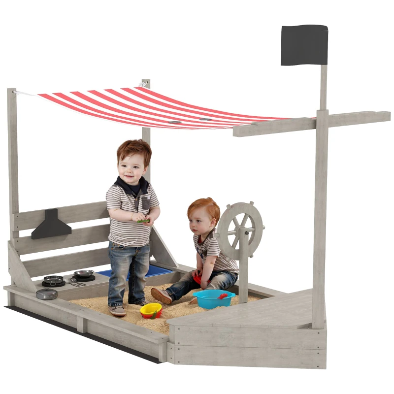 Outsunny Cutie de nisip cu parasolar Vapor pirat, inclusiv set de joc de bucătărie pentru copii, Lemn masiv, 180 x 103 x 144,5 cm, Gri