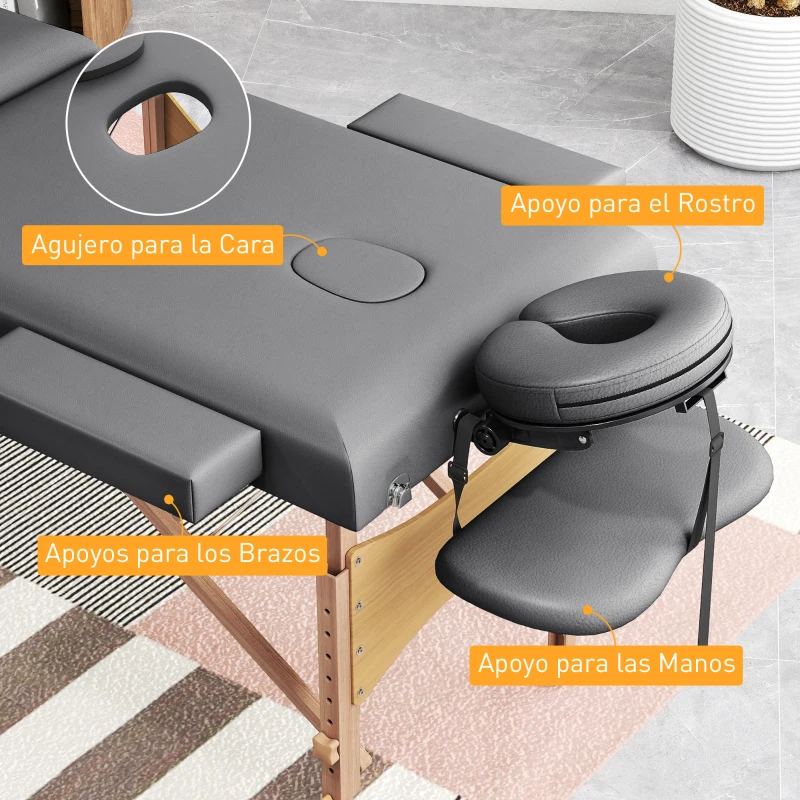 HOMCOM Masă de Masaj Pliabilă din Lemn de 3 Zone cu Înălțime Spătar Suport pentru Cap Ajustabile Brațe 215x60x64-89 cm Gri
