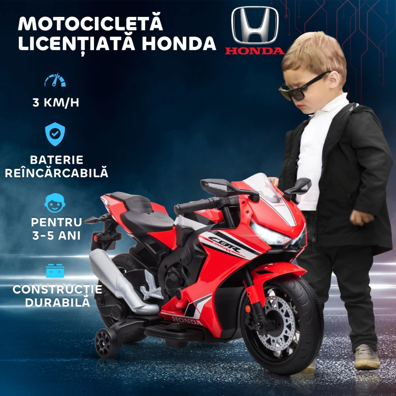 HOMCOM Motocicletă Electrică pentru Copii cu Baterie Reîncărcabilă 6V, Viteză 3 km/h, Muzică și Roți, 90x44x52 cm, Roșie(m-6)