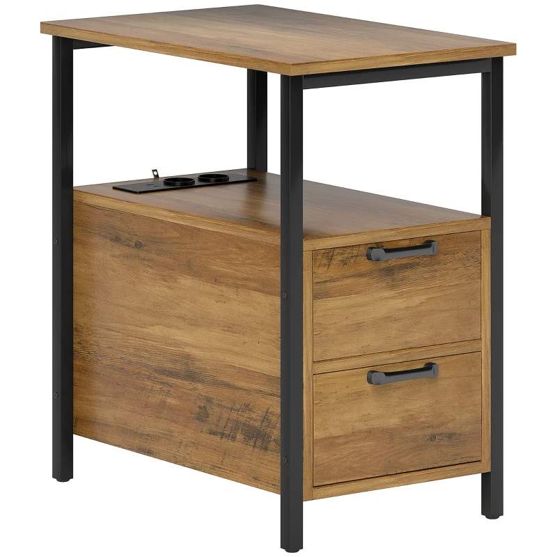 HOMCOM Mesa Lateral Mesa de Cabeceira com 2 Tomadas Porta USB 1 Porta Tipo C Cabo de 143 cm Gavetas e Prateleira Madeira Natural