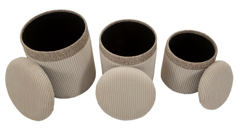 Mauro Ferretti Set 3 Pufuri Crem Cu Spațiu De Depozitare, Ø 40,5 X 49,5 Cm, 35 X 42 Cm, 31 X 38 Cm