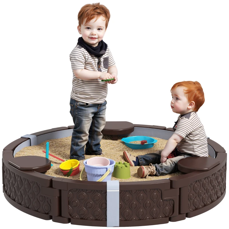 AIYAPLAY Cutie de nisip, Cutie de nisip rotunda pentru pana la 3 copii, cu 3 scaune, strat impermeabil, protectie impotriva intemperiilor, 300 kg de nisip