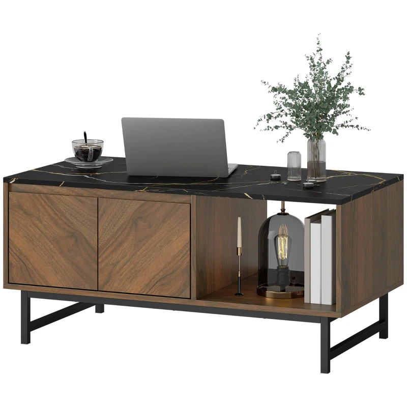 HOMCOM Table basse, table de salon, plateau effet marbre, 2 portes et 2 niches ouvertes, 100 x 50,8 x 45,7 cm, noyer