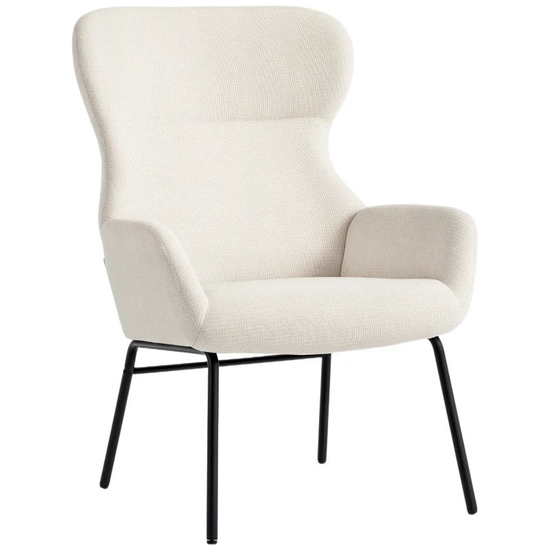 HOMCOM Fauteuil rembourré moderne de style oreilles, dossier haut, rembourrage épais, pieds en acier, blanc crème