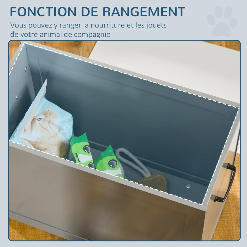 PawHut Boluri ridicate pentru câini bol dublu câine pisică Suport pentru boluri ridicat dim. 60L x 30W x 41H cm 2 boluri 2L mânere compartiment lemn gri