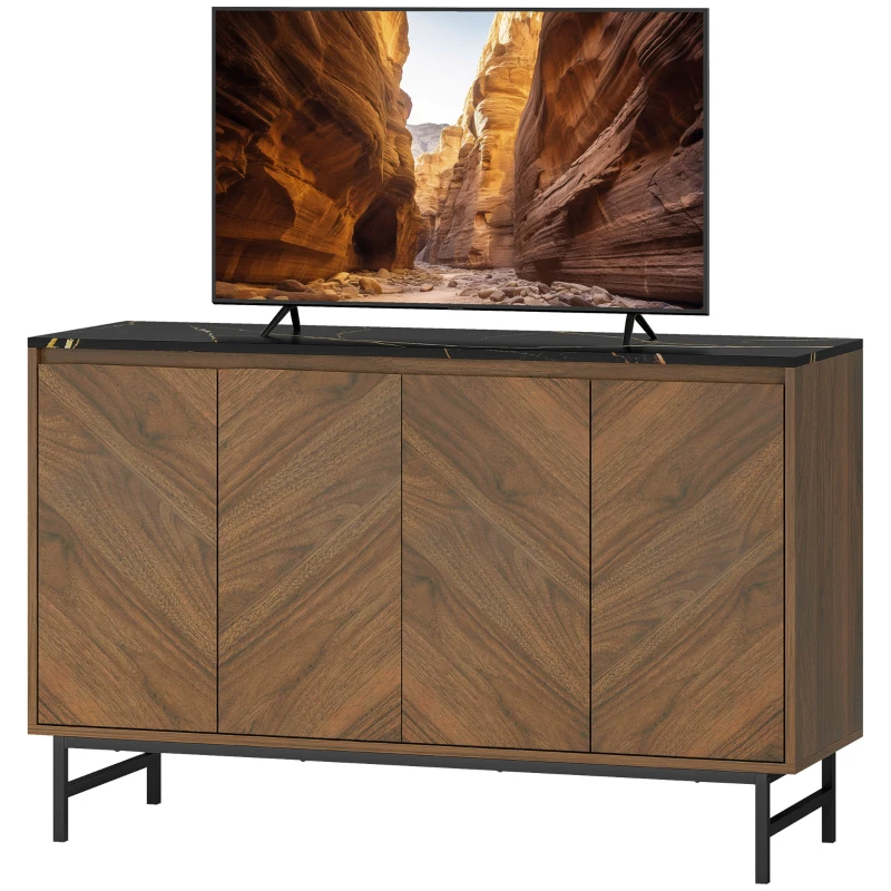 HOMCOM Meuble TV, meuble télé avec 4 portes, plateau effet marbre, étagères réglables, 120x39x76cm, noyer