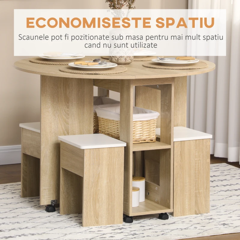 HOMCOM Set Masa Dining pentru 4 Persoane, Masa cu Extensie Plianta cu Rotile si 4 Scaune