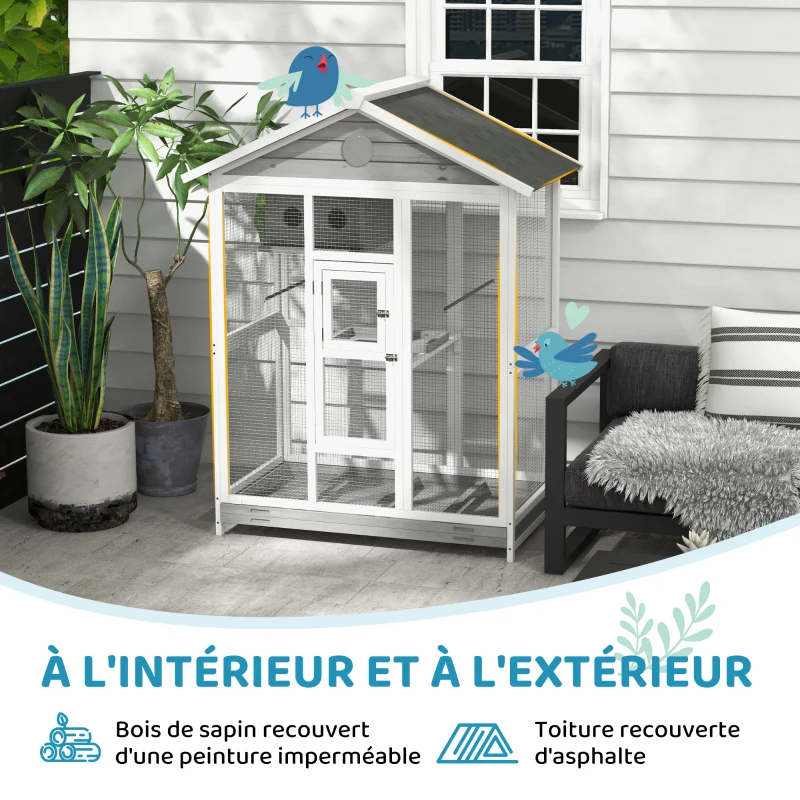 PawHut Grande cage oiseau volière à oiseaux intérieur exterieur, 4 perchoirs bac à litière coulissant 112 x 68 x 154 cm gris(m-7)