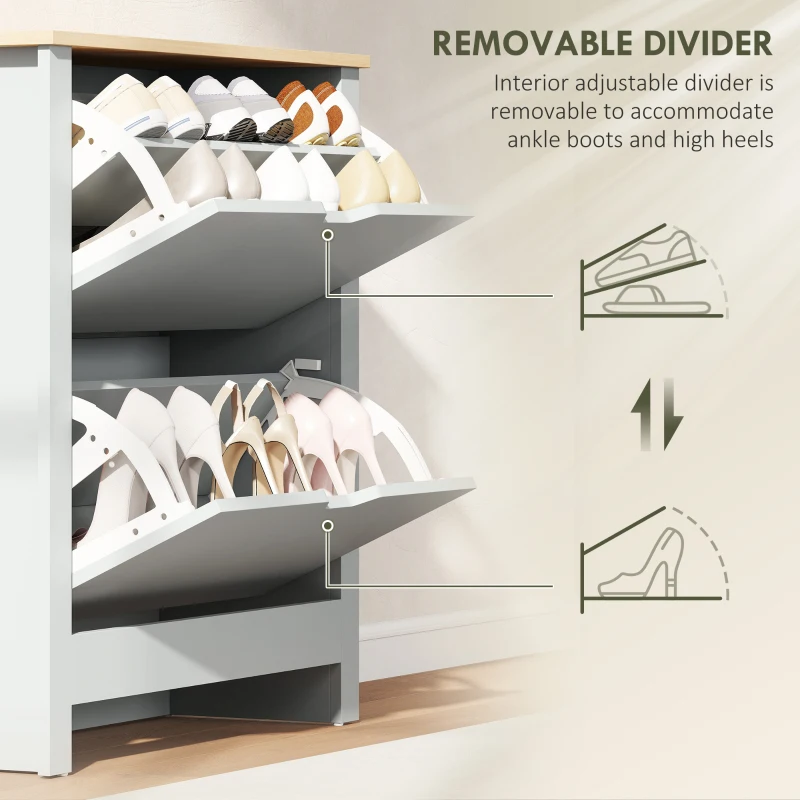 HOMCOM Slim Shoe Cabinet, Narrow Shoe Cupboard with 2 Flip Drawers, Adjustable Shelves for 12 Pairs of Shoes, Light Grey