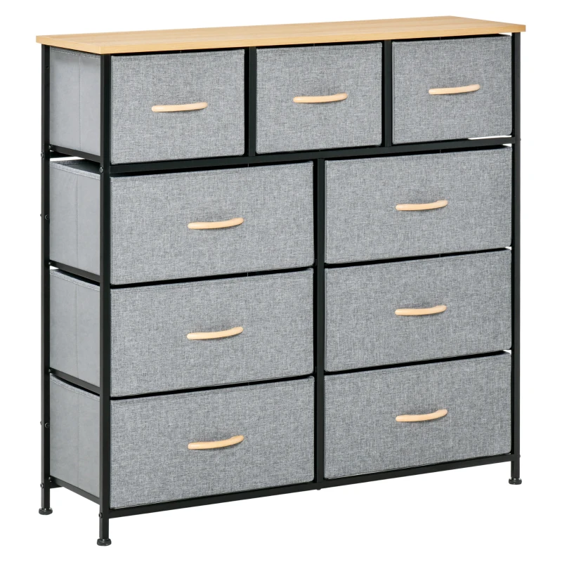 HOMCOM Comodă 9 sertare mobilier de depozitare sertar din material textil pliabil - structură oțel negru - 100 x 30 x 100 cm, stejar și gri
