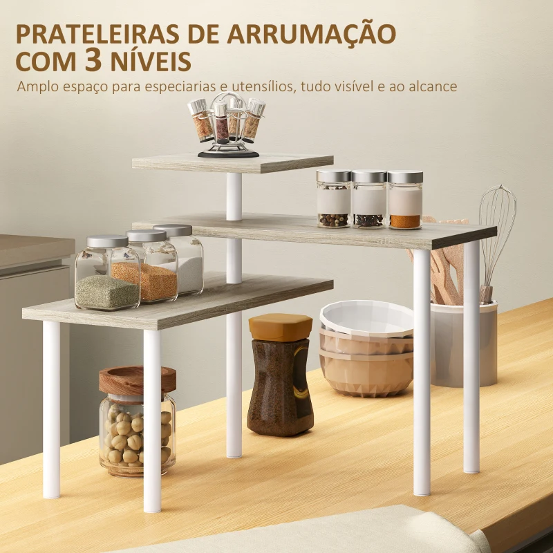 HOMCOM Estante de Cozinha de 3 Níveis Estante de Cozinha com 3 Prateleiras Giratórias Estrutura de Metal e Design em Degraus 40x18x36,5 cm Madeira