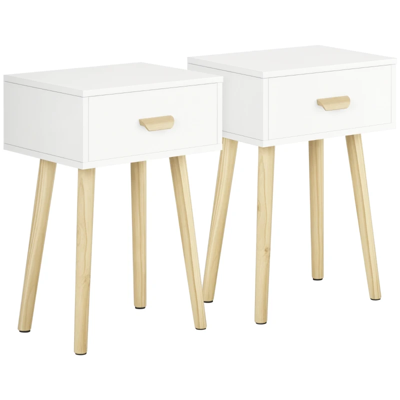 HOMCOM Set de 2 Noptiere cu Sertar și Picioare de Lemn pentru Dormitor Sufragerie Pat Birou 40,5x30,5x60 cm Alb