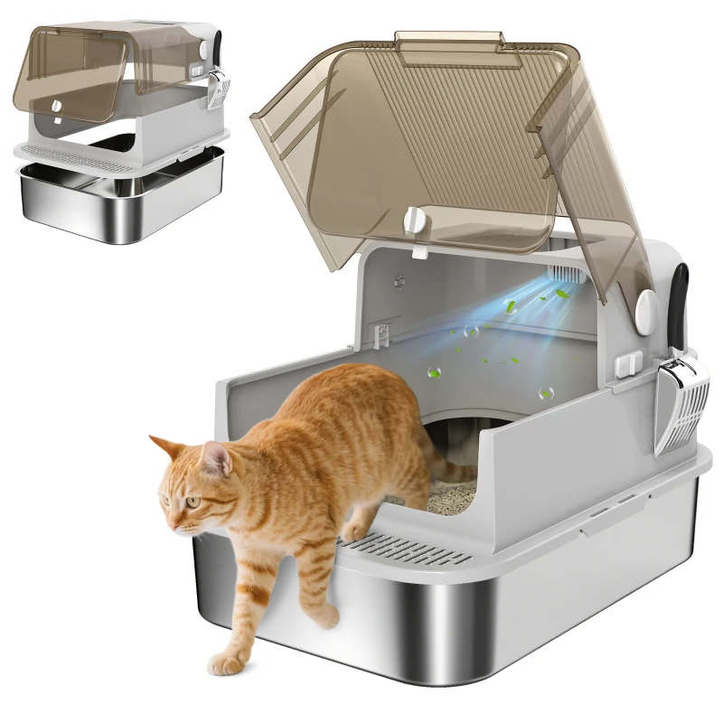 PawHut XXL RVS-kattenbak met opklapbaar deksel, kattenbak met schep, voor grote katten tot 20 kg, gemakkelijk schoon te maken, geurneutraliserend, Grijs(m-11)