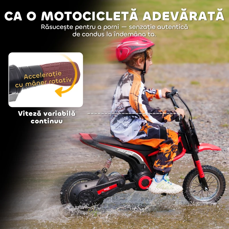 HOMCOM Motocicletă Electrică pentru Copii cu Accelerație Manuală și 2 Viteze, 119x64x76,5 cm, Roșu