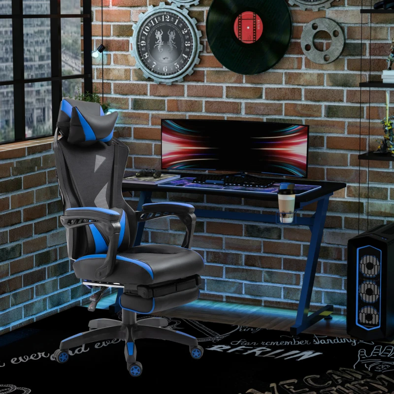 Vinsetto Cadeira Gaming Ergonómica Cadeira Gaming para Escritório com Altura Ajustável Encosto Regulável Almofada Lombar Apoio para os Pés Retráteis 65x70x117-125cm Azul