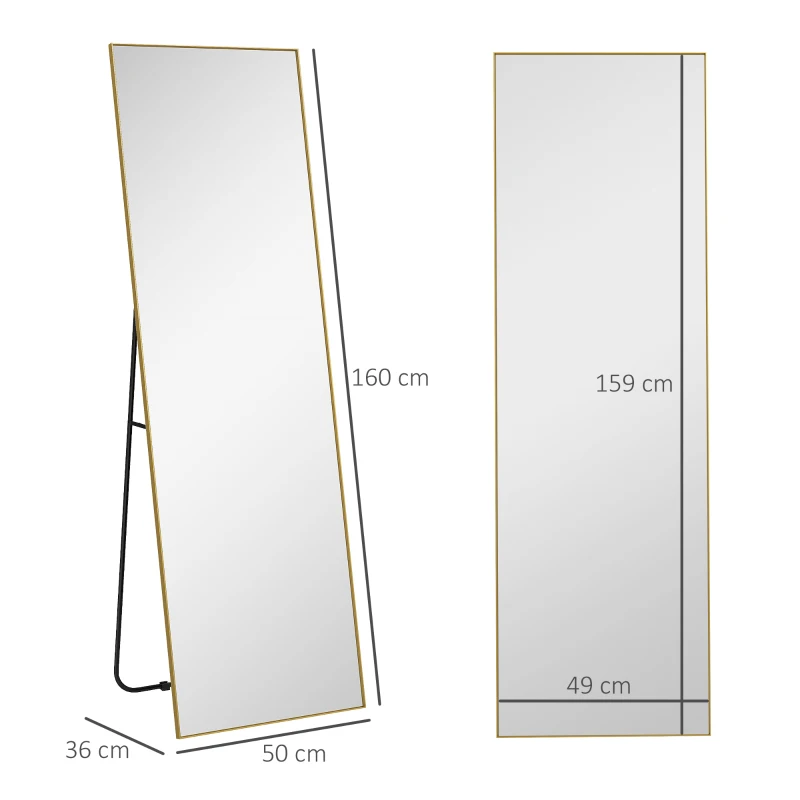 HOMCOM Mare oglindă rectagulară în întregime, 50 x 160 cm, oglindă pe picior, pe perete oră așezată pe podea, auriu