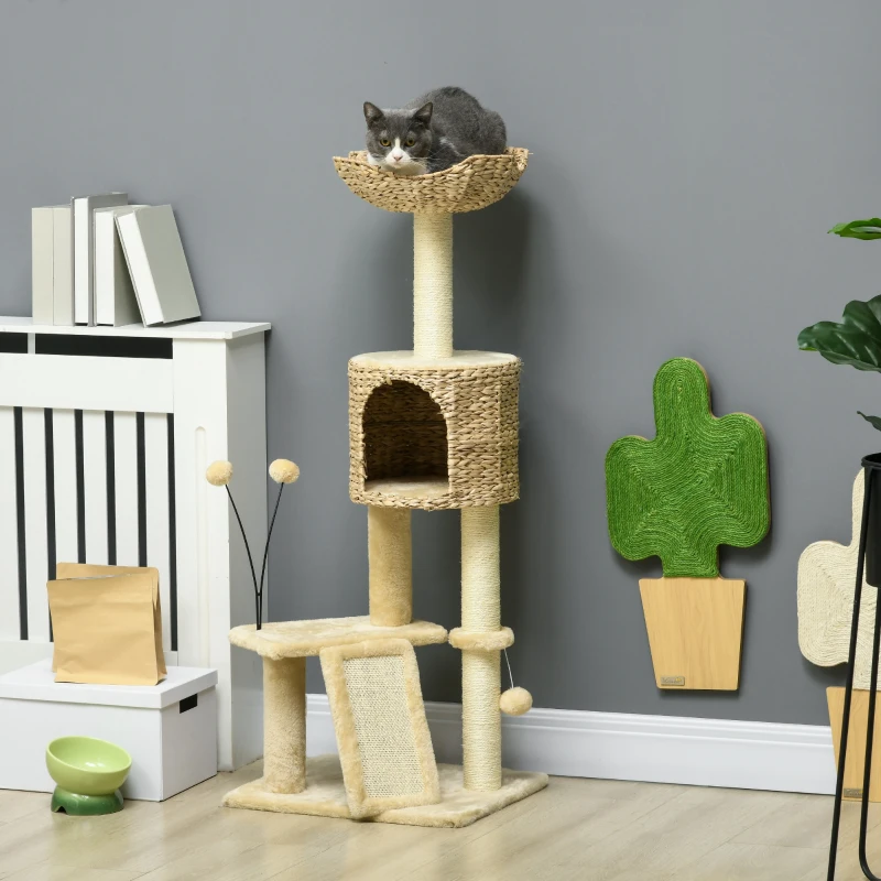PawHut Arbre à chat înălțime 116 cm casetă coș platforme pompoane din pluș și iasomie de apă - bej