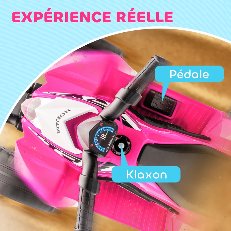 AIYAPLAY Quad électrique enfant 6 V, vitesse de 2,8 km/h, phares LED, klaxon, poignée et selle ergonomique, rose
