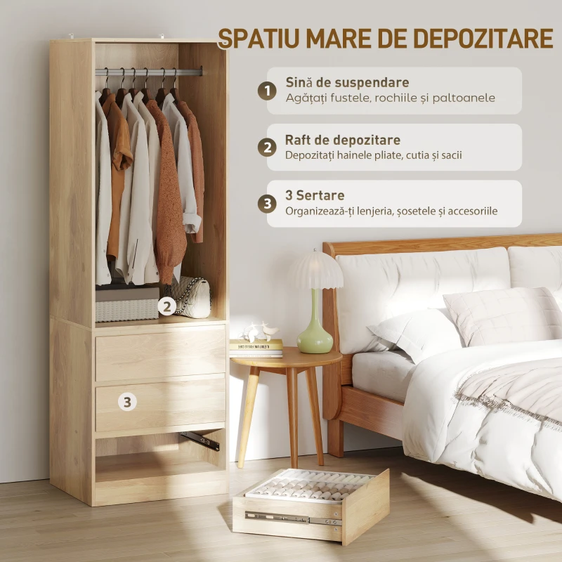 HOMCOM Dulap pentru Haine cu Bara pentru Umerase, Raft Deschis si 3 Sertare, 60x48.5x185 cm, Maro(m-4)