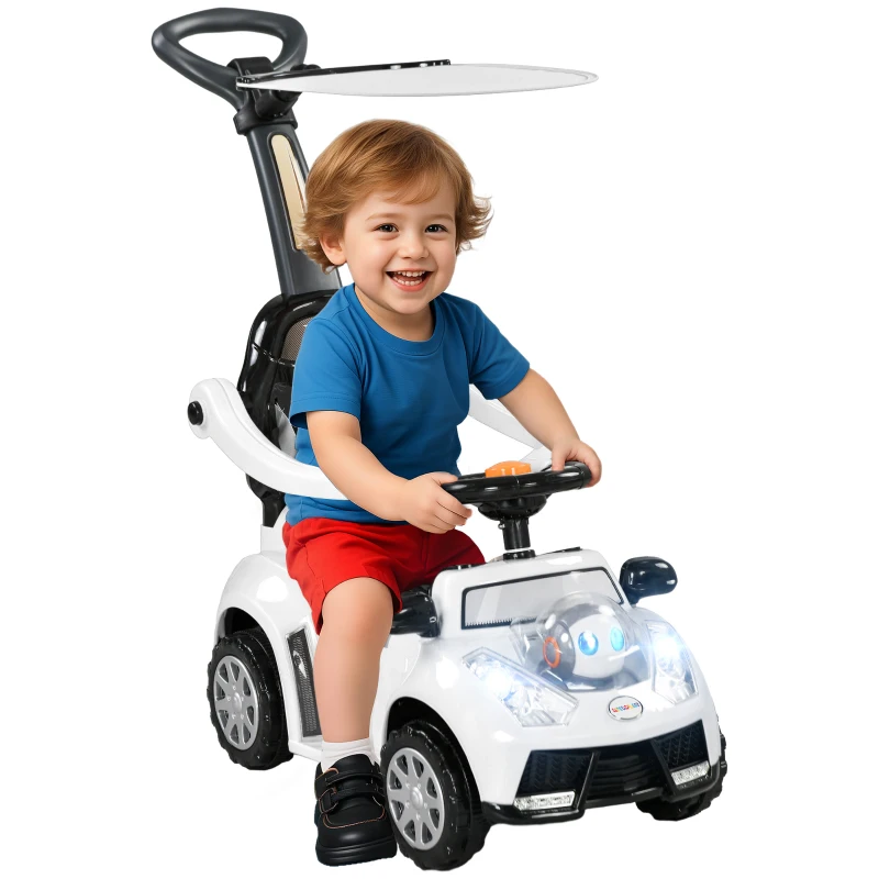 AIYAPLAY 2-in-1 Loopauto, Afneembaar Zonnedak, Lichtjes, Muziek, Toeter, Kunststof en Metaal, 96 x 39 x 90 cm, Wit/Zwart