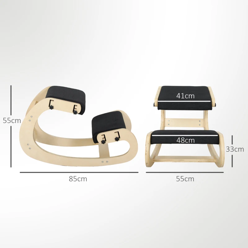 HOMCOM Silla de rodillas, silla ergonómica de madera con función de balanceo, silla de rodillas ajustable para oficina en casa