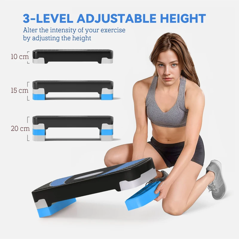 HOMCOM Aerobic Fitness Step, Stepper reglabil la 3 inaltimi 10-15-20 cm pentru antrenament acasa si la sala, albastru si negru
