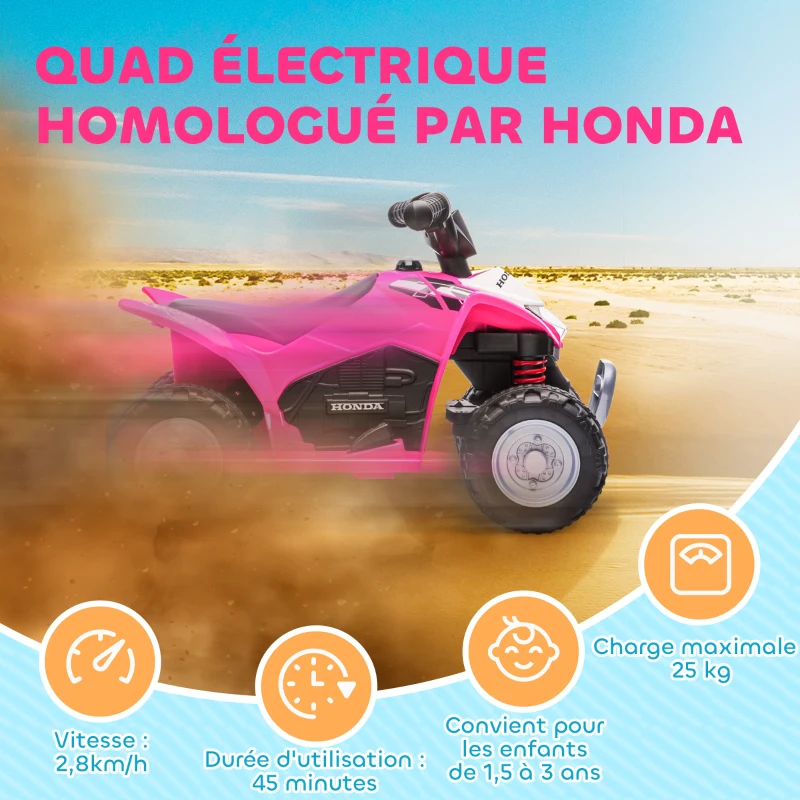 AIYAPLAY Quad électrique enfant 6 V, vitesse de 2,8 km/h, phares LED, klaxon, poignée et selle ergonomique, rose