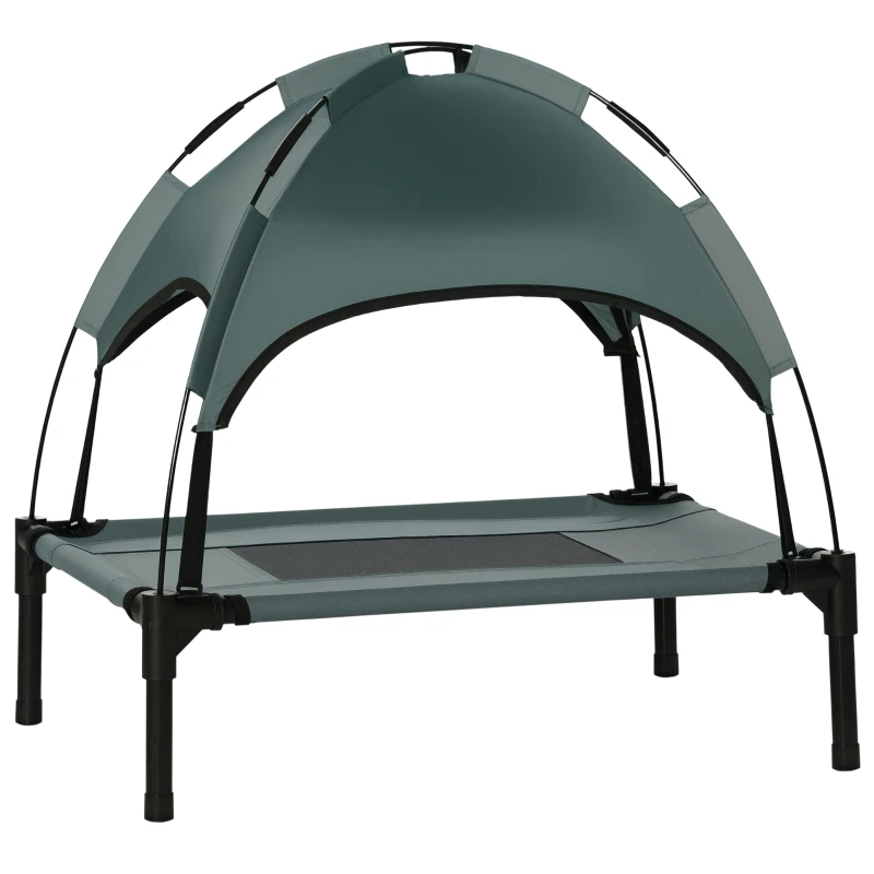 Pat PawHut pentru câini, cu parasol, pat de tabără pentru câini și pisici pe picioare cu material respirabil Oxford, anti-UV, cadru din metal inclus în sacul de transport, loc de dormit exterior pentru pisici 161 x 46 x 61 cm gri negru