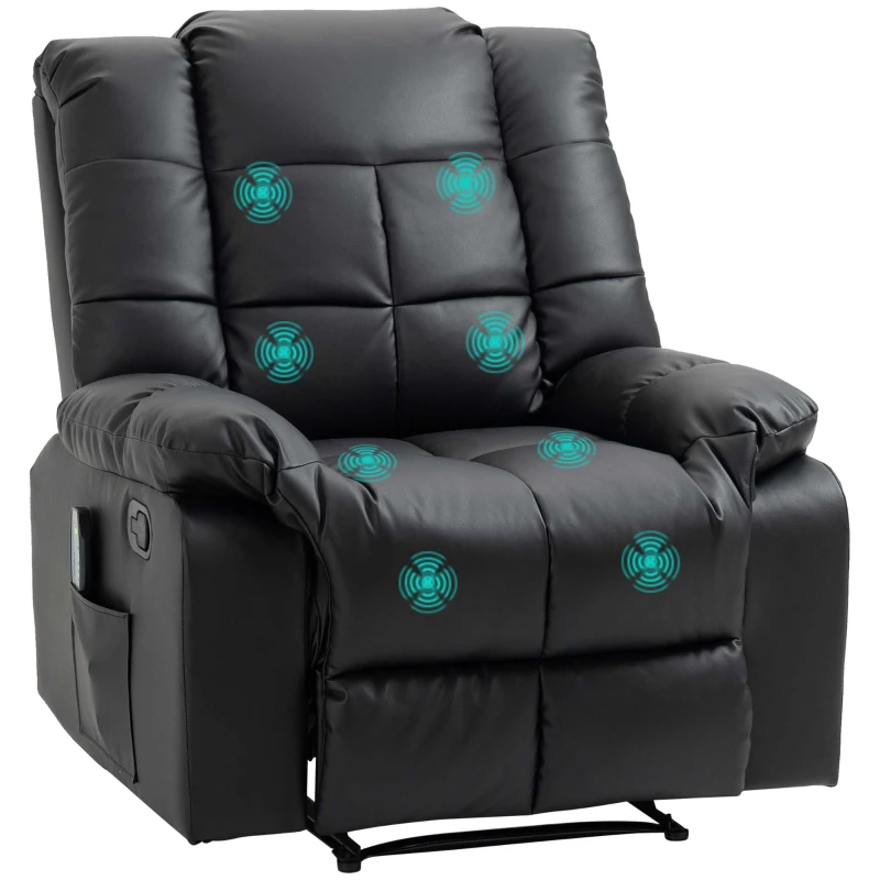 HOMCOM Scaun de Masaj Relaxant, Scaun de Relaxare, 8 Puncte de Vibrații, Funcție de Așezare, Piele Ecologică, negru, 94x99x99cm