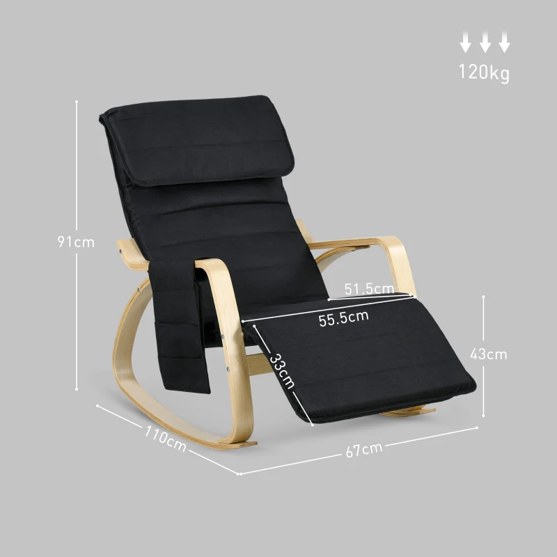 HOMCOM Fotoliu de relaxare cu leagăn fotoliu de relaxare cu suport de picioare reglabil, buzunar lateral și suport pentru cap, negru