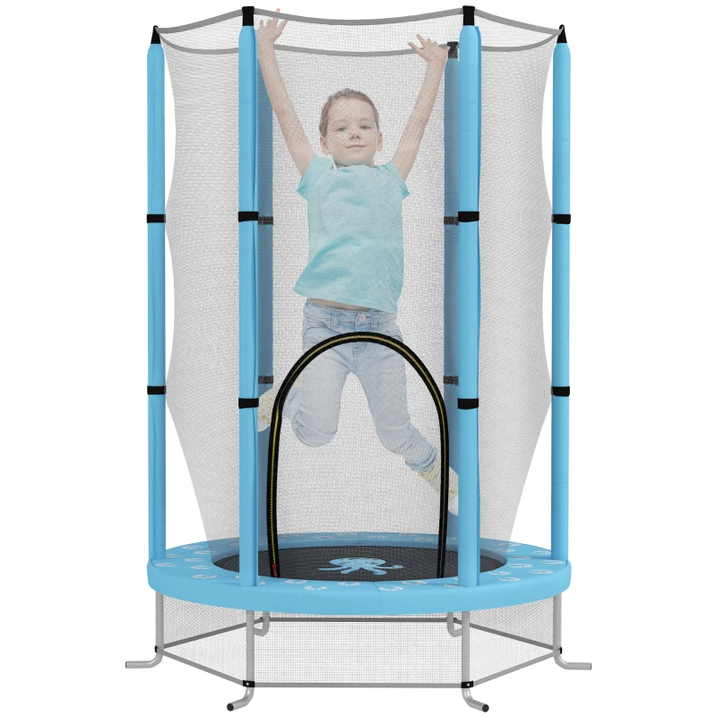AIYAPLAY Trampolină pentru copii Ø140 cm, trampolină exterioară pentru copii 3-6 ani cu plasă de siguranță ușă cu fermoar bleu clair