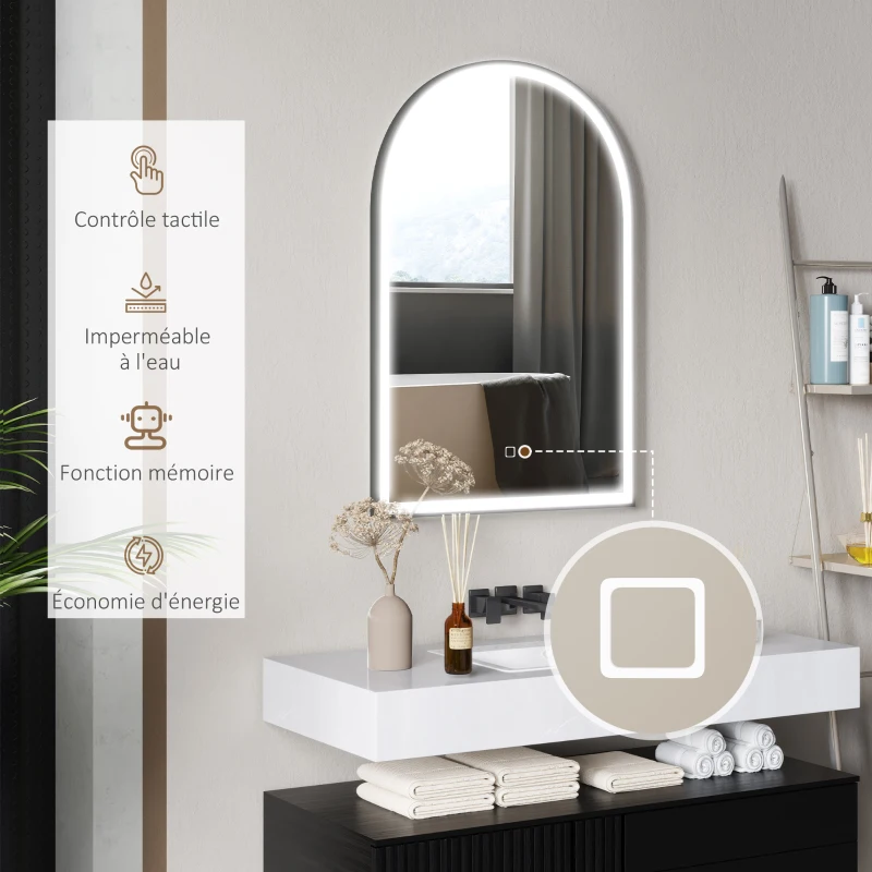 HOMCOM Oglindă de baie cu LED-uri 90 x 60 cm, montată pe perete, 3 culori, arcuită cu cadru din aluminiu, funcție anti-întunecare și comutator tactil