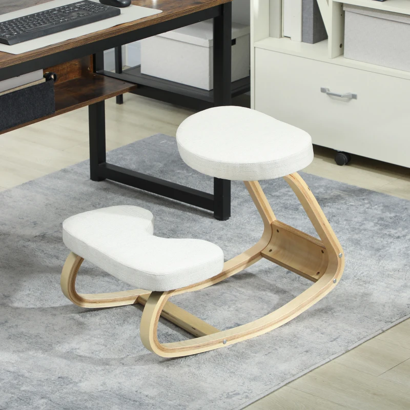HOMCOM Sedia a ginocchio, ergonomica oscillante in legno, Crema