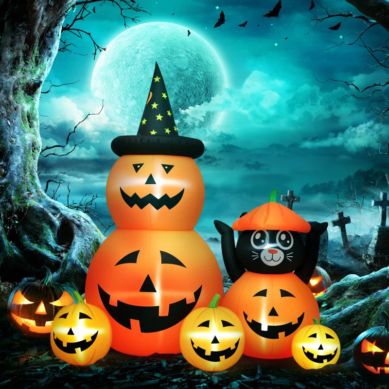 Outsunny Calabaza Inflable de Halloween con Gato de 6 Pies con Luces LED IP44 e Inflador para Fiestas 160x100x180 cm Naranja