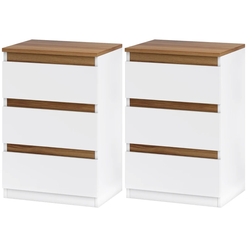 HOMCOM Set de 2 Mesite de Noapte Înguste de 3 Sertare Comode pentru Sufragerie Hol 40x30x59,5 cm Alb