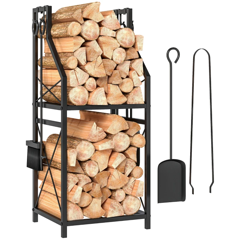 Outsunny Metallisches Kaminholzlager mit 2 Ebenen und 4 Werkzeugen Haken 34x30x80 cm Schwarz