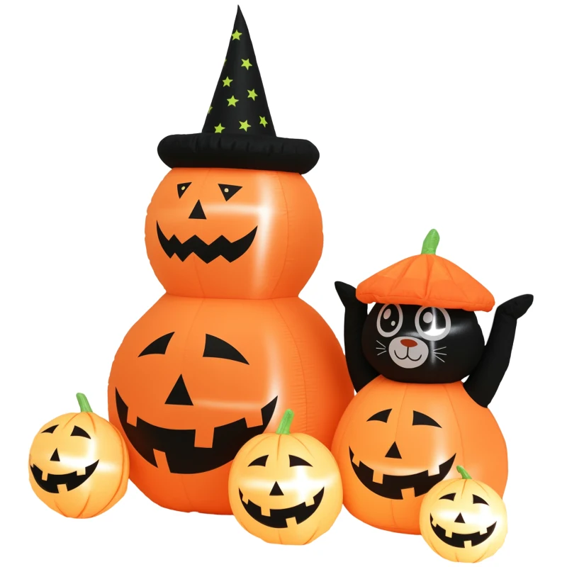Outsunny Aufblasbarer Halloween-Kürbis mit Katze von 6 Fuß mit LED-Lichtern IP44 und Inflator für Partys 160x100x180 cm Orange