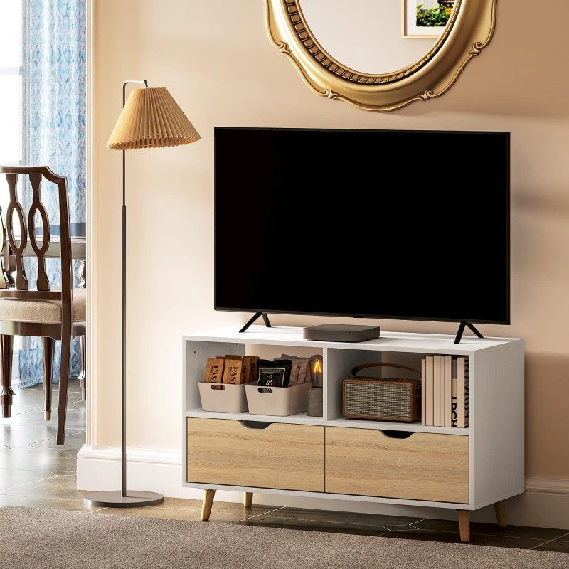 HOMCOM TV-bench, TV-kommod cu sertare, rafturi deschise, lemn, 99 x 39 x 58 cm, Alb