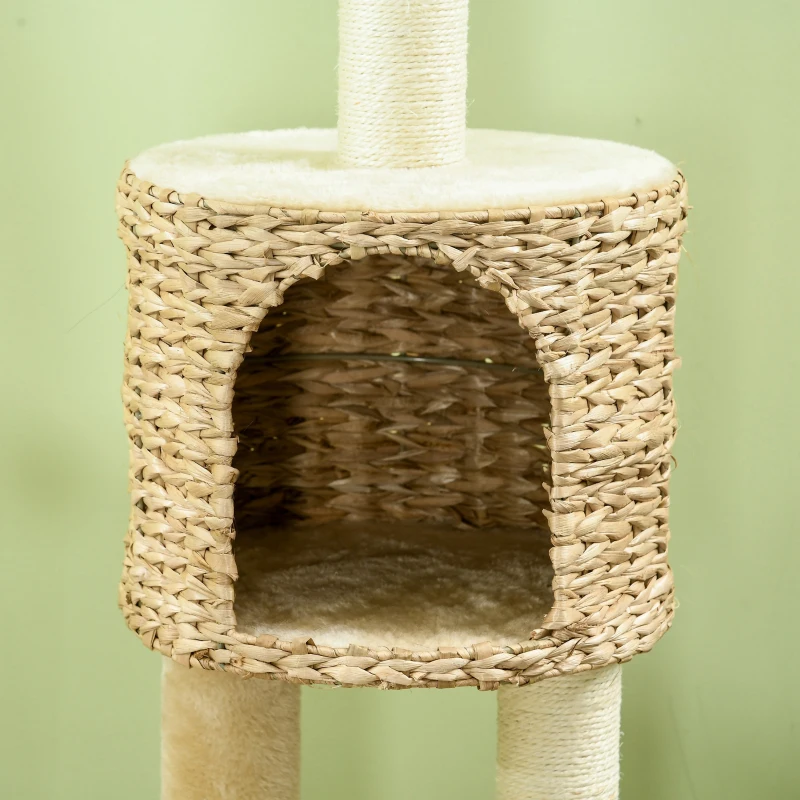 PawHut Arbre à chat înălțime 116 cm casetă coș platforme pompoane din pluș și iasomie de apă - bej