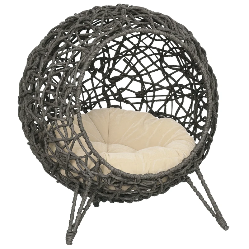 PawHut Coș pisică pat înălțat pisică cozi cuib confort pernă pufoasă inclusă rășină imitând răchita Ø 52 x 58H cm gri