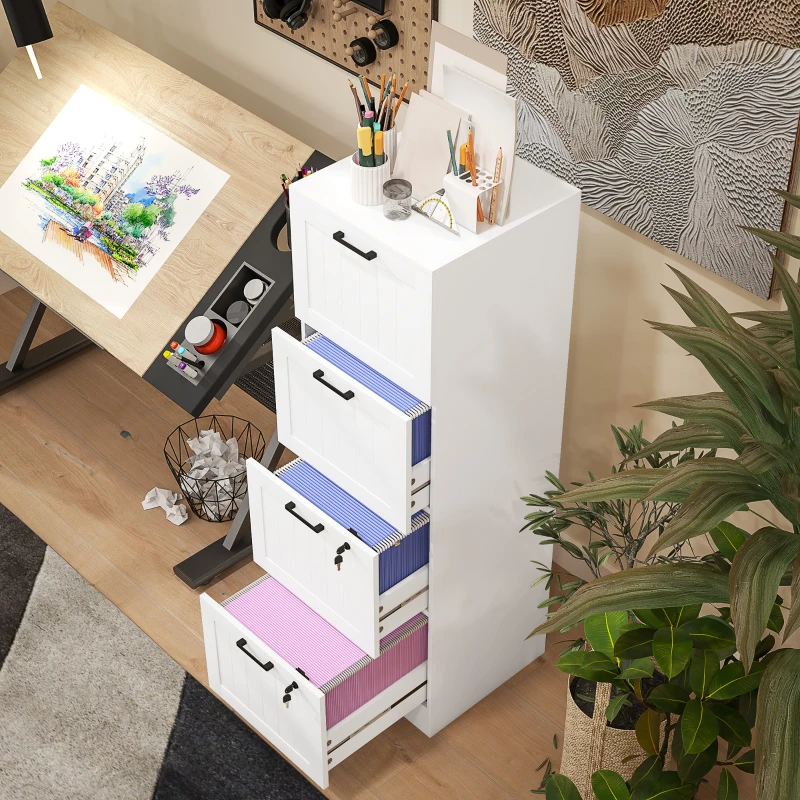 HOMCOM Mueble Archivador con 4 Cajones Cerraduras Carpetas A4 y Carta 40x40x131 cm Blanco