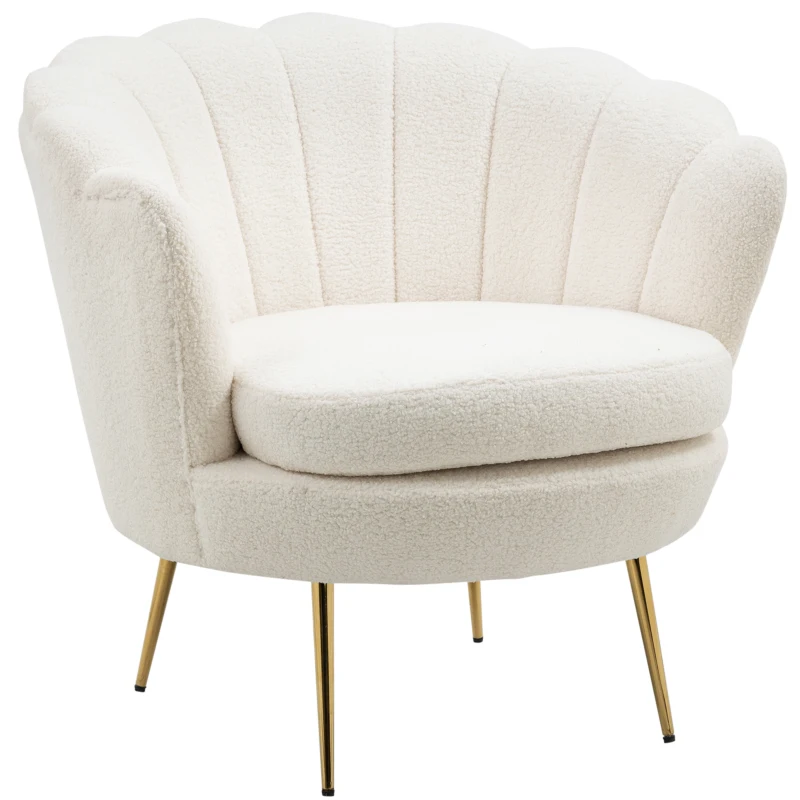 HOMCOM Scaun capitonat în formă de scoică, Scaun de relaxare, Scaun de relaxare, Piciorușe metalice cu aspect de aur, 79L x 77B x 77H cm, Alb